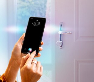 happy woman using voice command to open the door